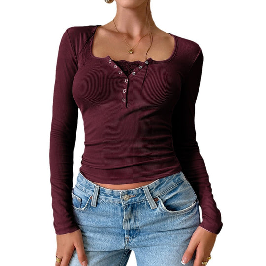 Damen nan geripptes Henley-Longsleeve mit Spitzen-Cami-Einsatz und taillierter Passform Shop Nory