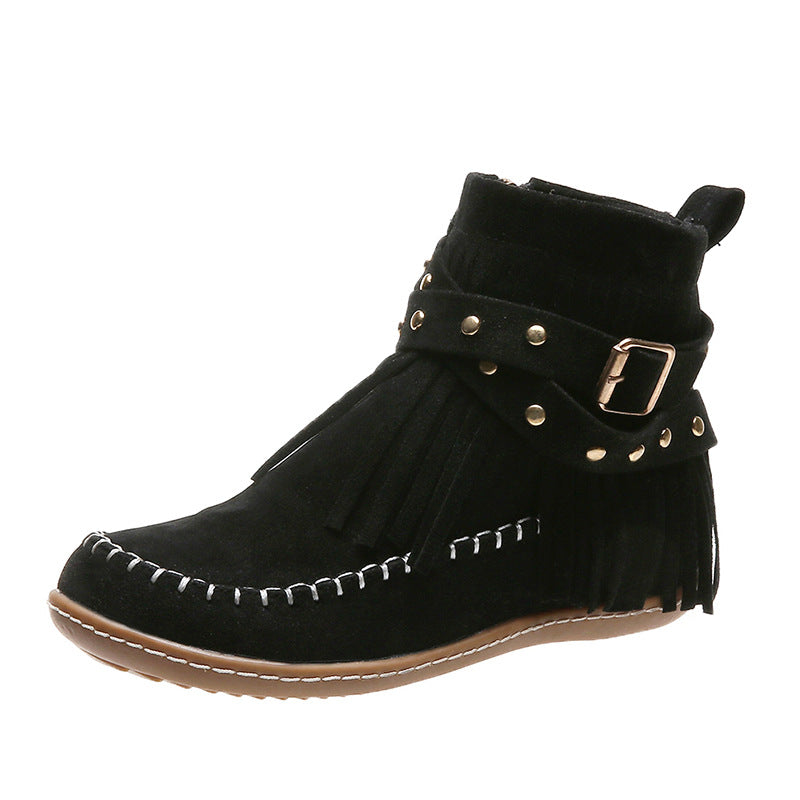 Damen Mokassin-Shortboots mit Fransen, Ziergürtel und handgenähter Mokassinnaht Shop Nory