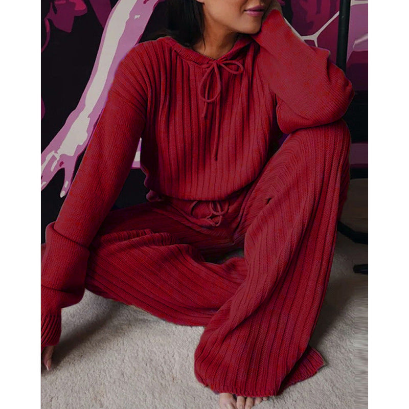 Damen Geripptes Strick-Loungewear-Set mit Kapuzenpullover und weiter Kordelzughose Shop Nory