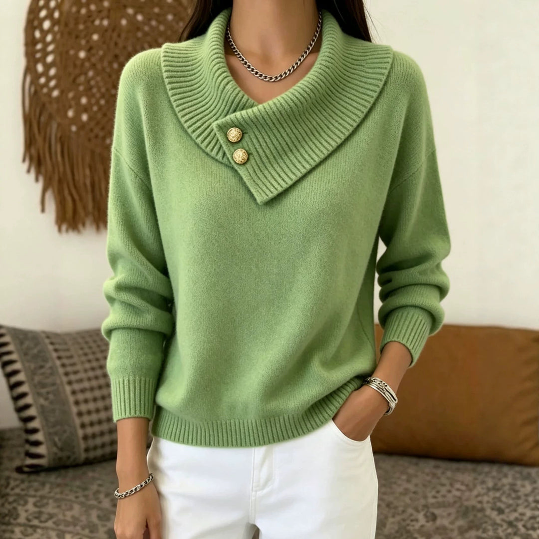 Damen Feinstrick-Pullover mit überlappendem Schalkragen und Zierknöpfen Shop Nory