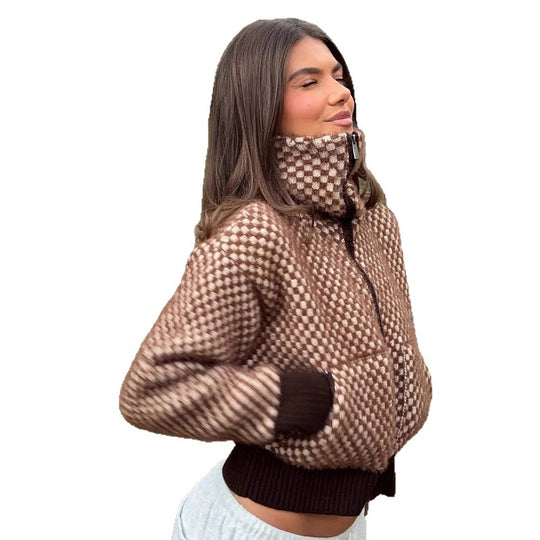 Damen Kurzgeschnittener Strick-Zipcardigan mit Kapuze und Strukturmuster Shop Nory
