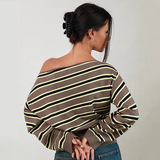 Damen Feinstrick-Boatneck-Pullover mit asymmetrischem Schulterfall, breitem Rippbund und lässigen Ballonärmeln Shop Nory