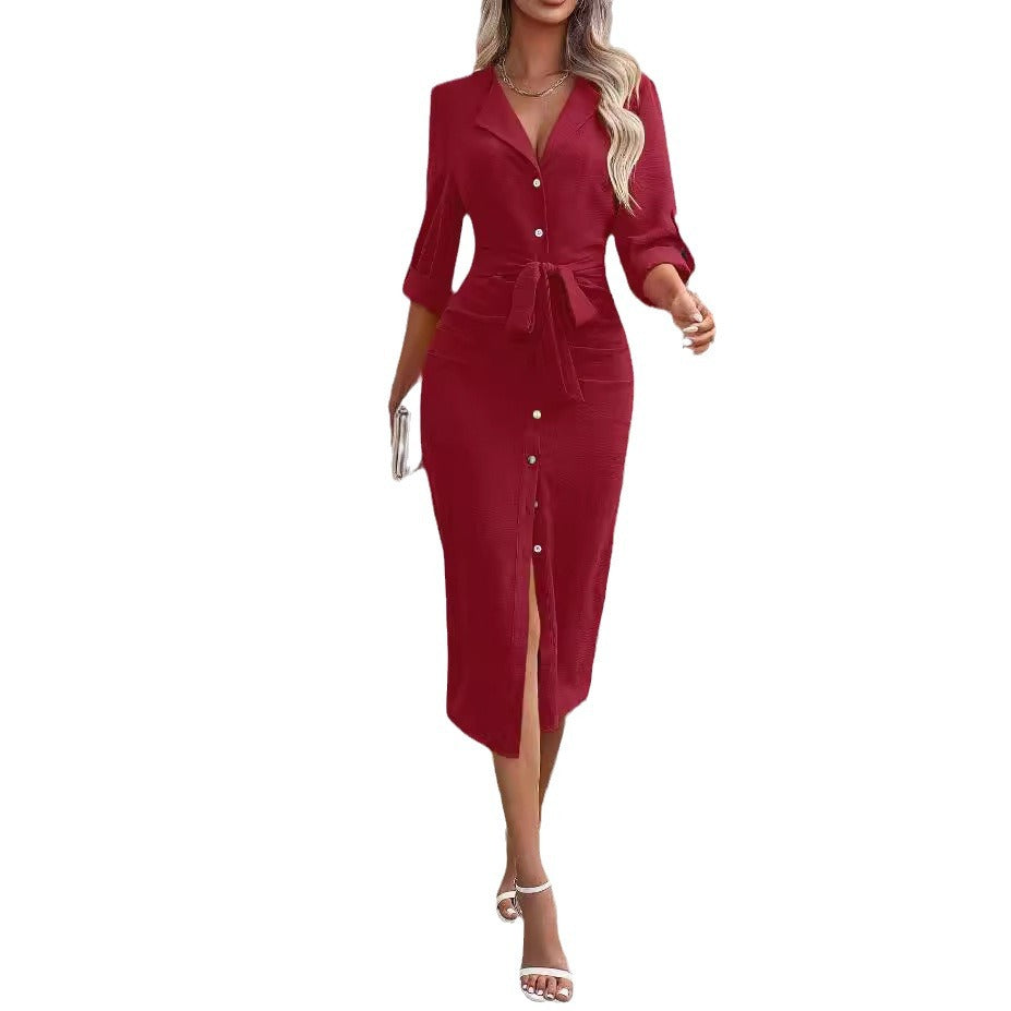 Damen Hemdblusenkleid mit eleganter Taillenschnürung und Knopfleiste