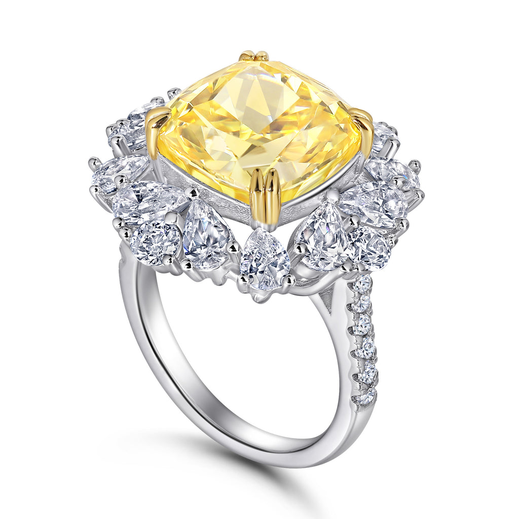 Damen eleganter Ring mit strahlendem gelben Hauptstein und hochwertigem Zirkonia-Besatz Shop Nory