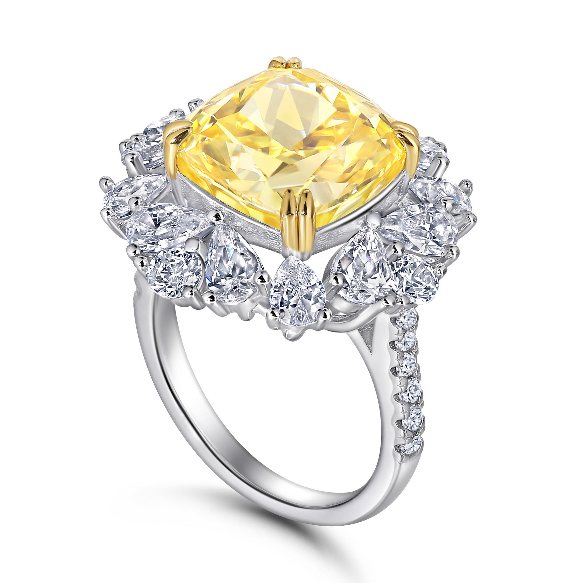 Damen eleganter Ring mit strahlendem gelben Hauptstein und hochwertigem Zirkonia-Besatz Shop Nory