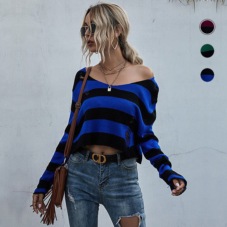 Damen Lässiger Crop-Pullover mit Streifen und Destroyed-Details Shop Nory