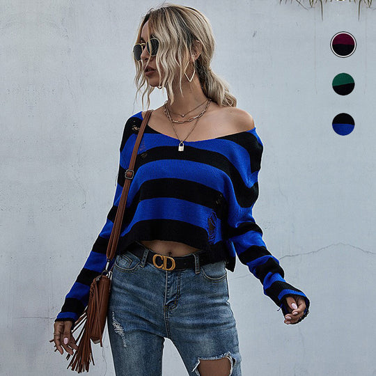 Damen Lässiger Crop-Pullover mit Streifen und Destroyed-Details Shop Nory