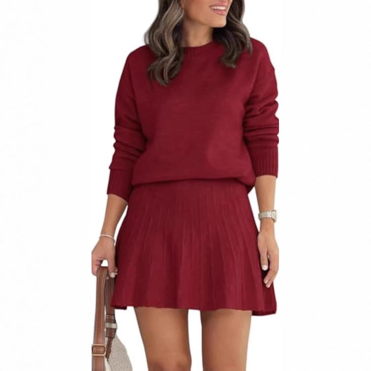 Damen Zweiteiliges Strick-Set mit Rundhals-Pullover und Plissée-Minirock Shop Nory