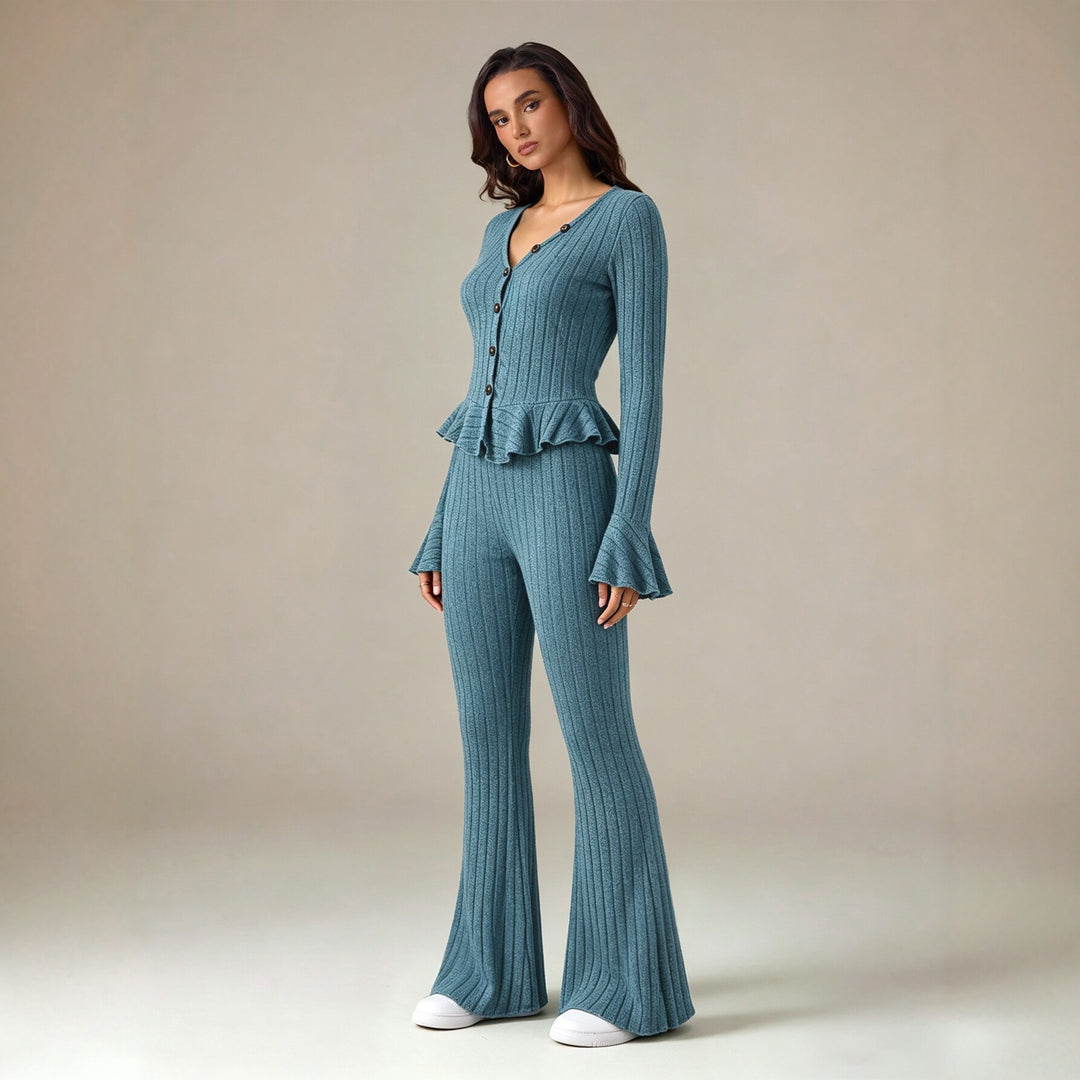 Damen feinstrukturiertes Rippstrick-Set mit tailliertem Knopfcardigan, Volant-Taillenpassform und ausgestellter Schlaghose Shop Nory