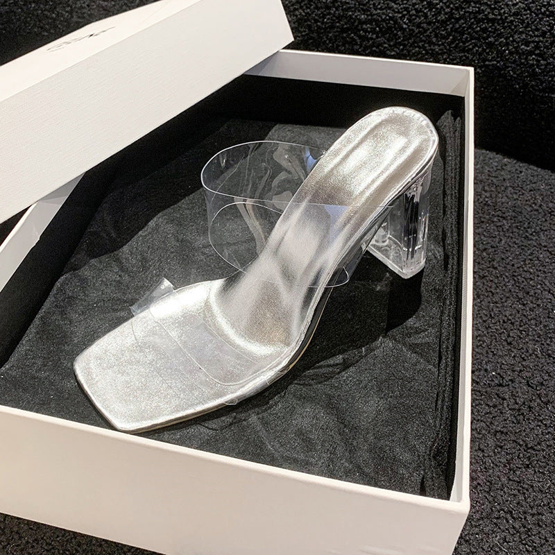 Damen Transparente PVC‑Mules mit klarem Blockabsatz und metallischem Fußbett Shop Nory