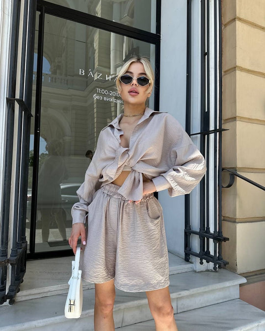 Damen Zweiteiliges texturiertes Loungewear‑Set mit Oversized‑Hemd und elastischer Taillen‑Shorts Shop Nory