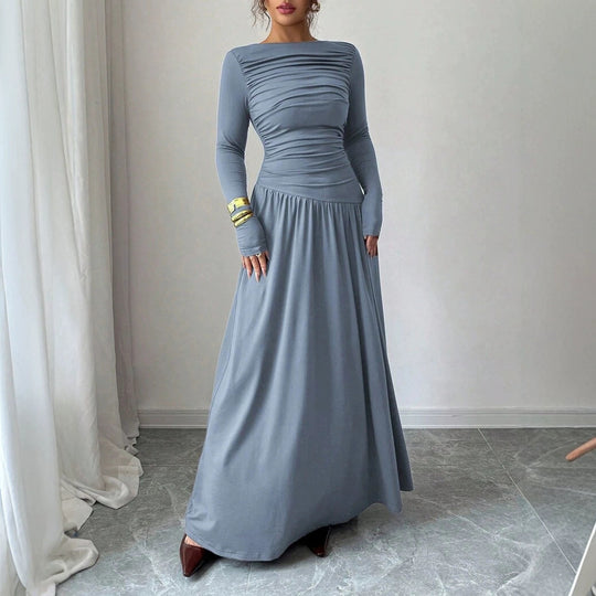Damen Maxikleid mit gerafftem Oberteil, tailliertem Bund und Langarm Shop Nory