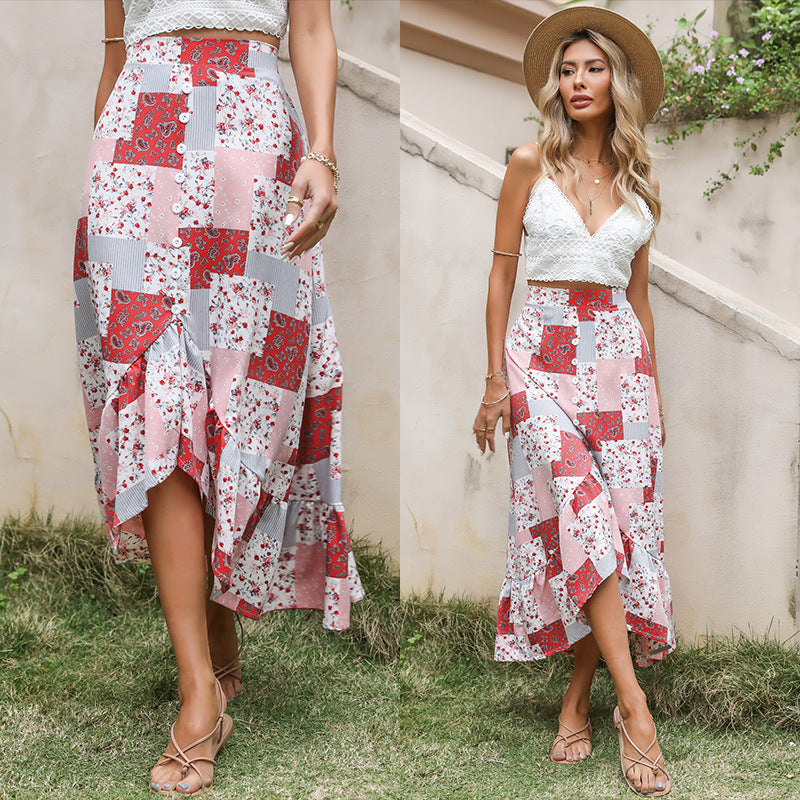 Damen Patchwork-Midirock mit Knopfleiste und asymmetrischem Volant Shop Nory