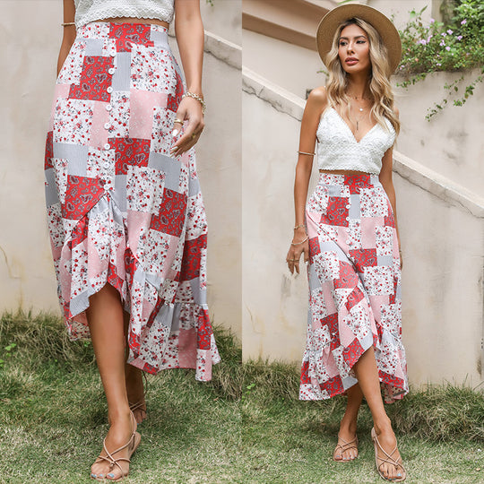 Damen Patchwork-Midirock mit Knopfleiste und asymmetrischem Volant Shop Nory
