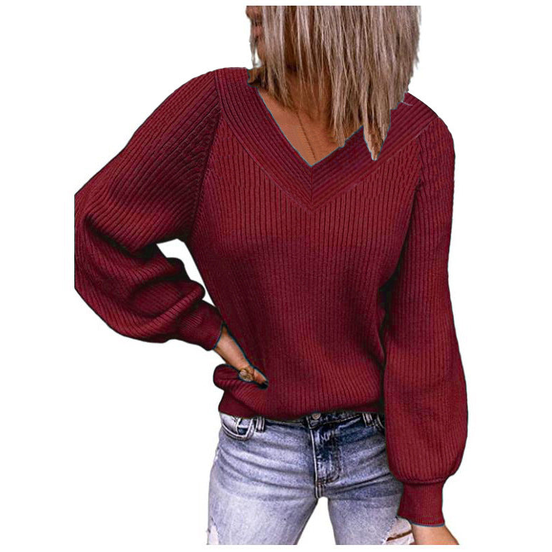 Damen Gerippter V‑Ausschnitt Pullover mit Ballonärmeln und lässiger Passform Shop Nory