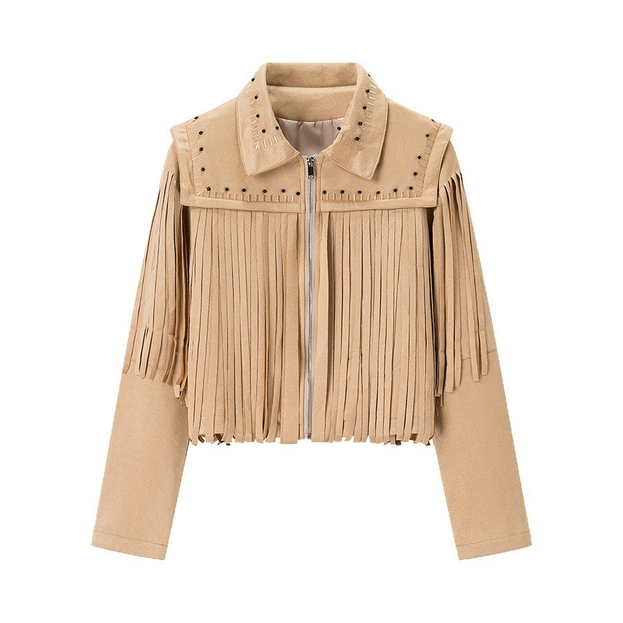 Damen Kurze Fransenjacke aus Wildlederoptik mit Reißverschluss und Nietenbesatz Shop Nory