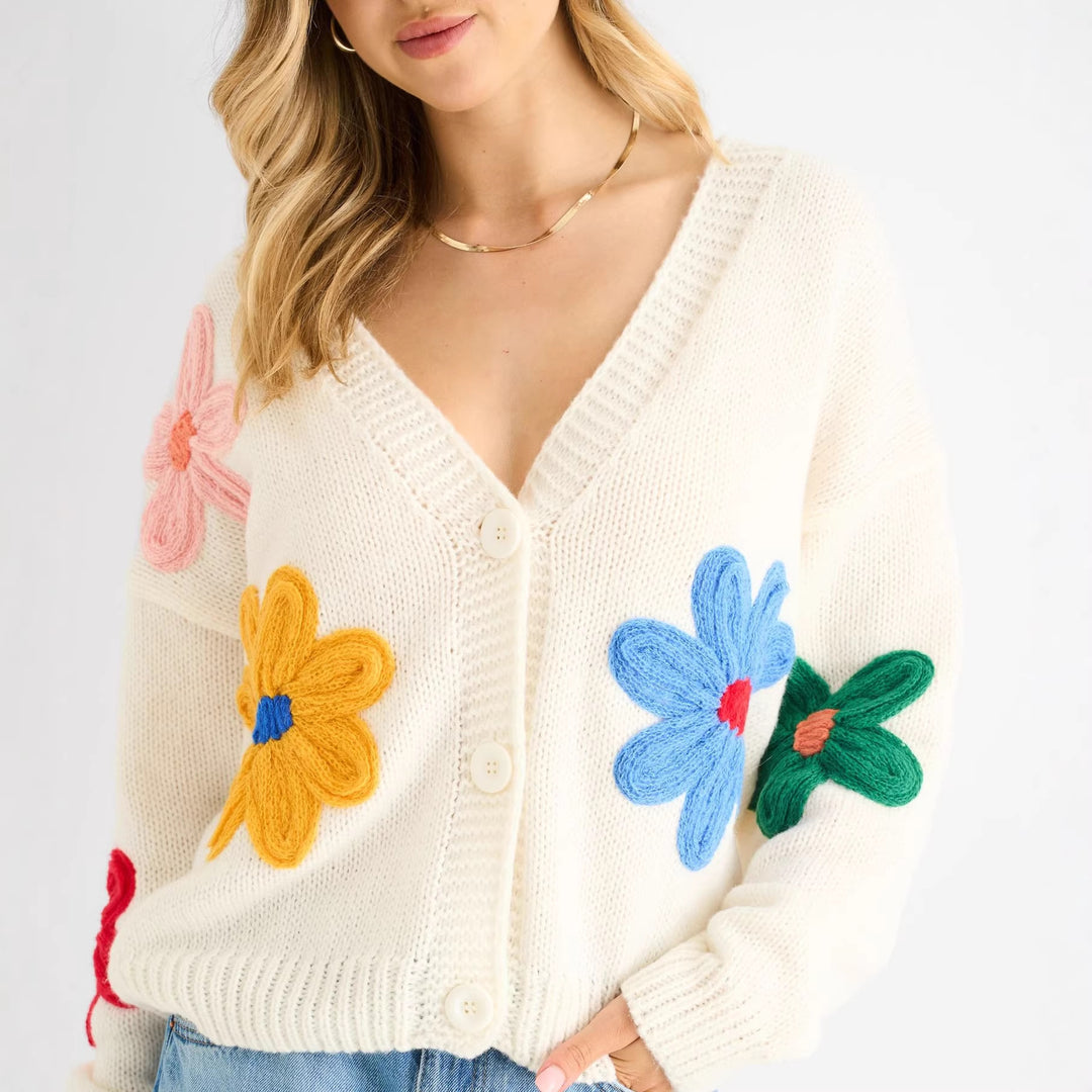 Damen Cardigan mit dreidimensionalen Blumenapplikationen und V-Ausschnitt Shop Nory