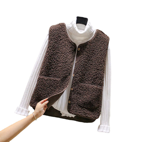 Damen Teddy-Fleece Weste mit Knopfleiste und Aufgesetzten Taschen Shop Nory