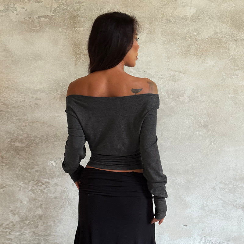 Damen schulterfreies Langarm-Top mit taillierter Raffung Shop Nory