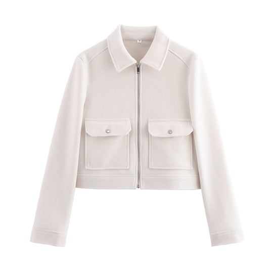 Damen kurze Boxy-Wolljacke mit durchgehendem Reißverschluss und aufgesetzten Pattentaschen Shop Nory