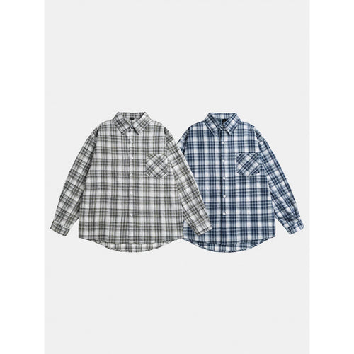 Unisex Oversize-kariertes Flanellhemd mit abgerundetem Saum und diagonaler Brusttasche Shop Nory