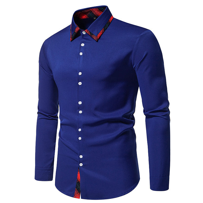 Herren elegantes Langarmhemd mit karierter Kragen-Details