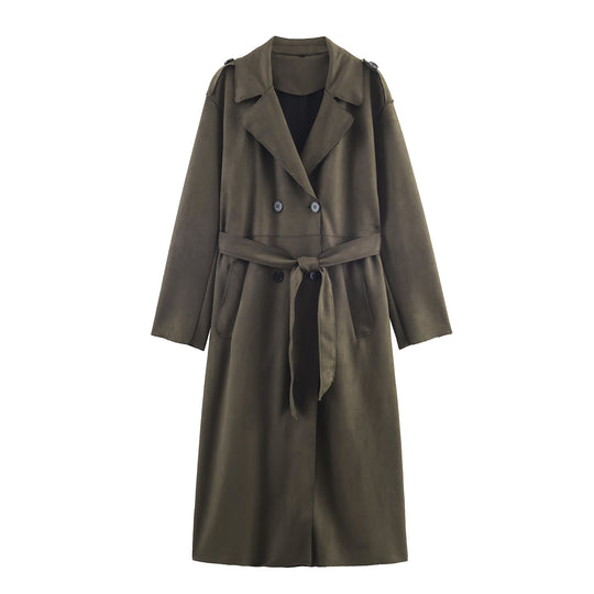 Damen Midilanger Mantel im Trench-Stil mit Bindegürtel und Schulterriegeln Shop Nory