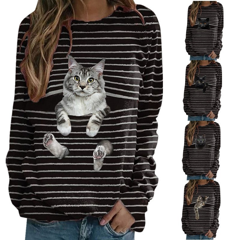 Damen nan lässiger Streifenpullover mit fotorealistischer Katzentasche und Rundhalsausschnitt Shop Nory