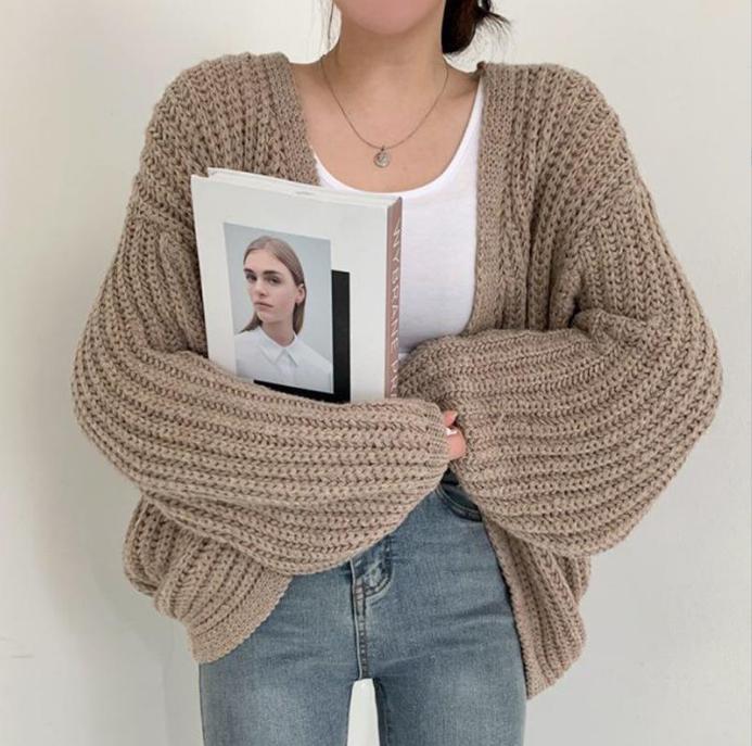 Damen grob gestrickte Oversized Cardigan mit tiefem V-Ausschnitt