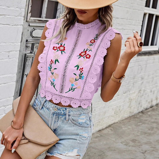 Damen Besticktes Spitzen-Cropped-Top mit Stehkragen und Häkelkanten Shop Nory
