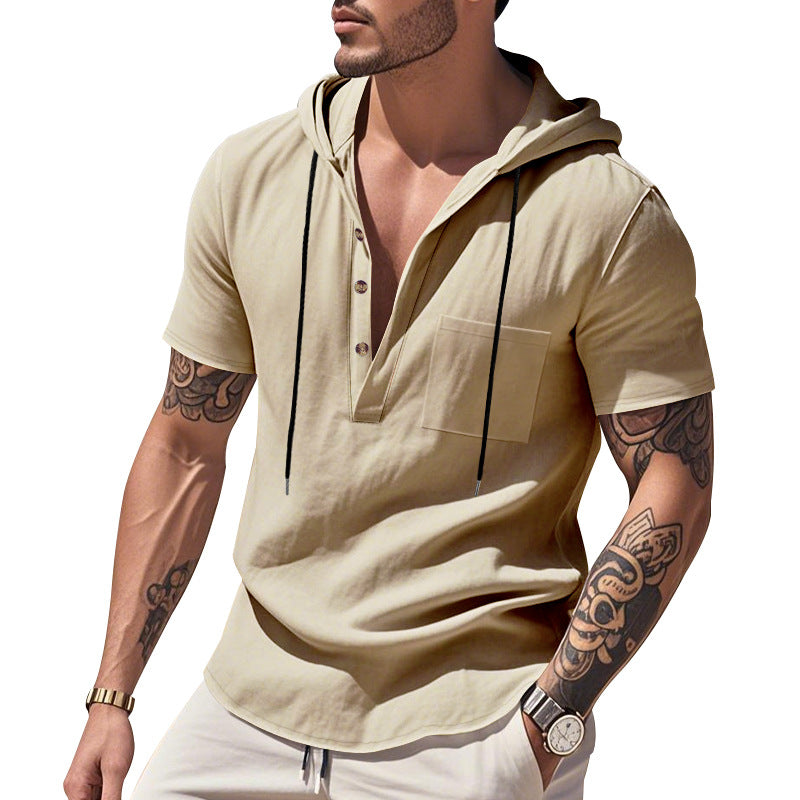 Herren nan legere Kurzarm-Kapuzen-Henley aus Single-Jersey mit Brusttasche und Kontrastkordel