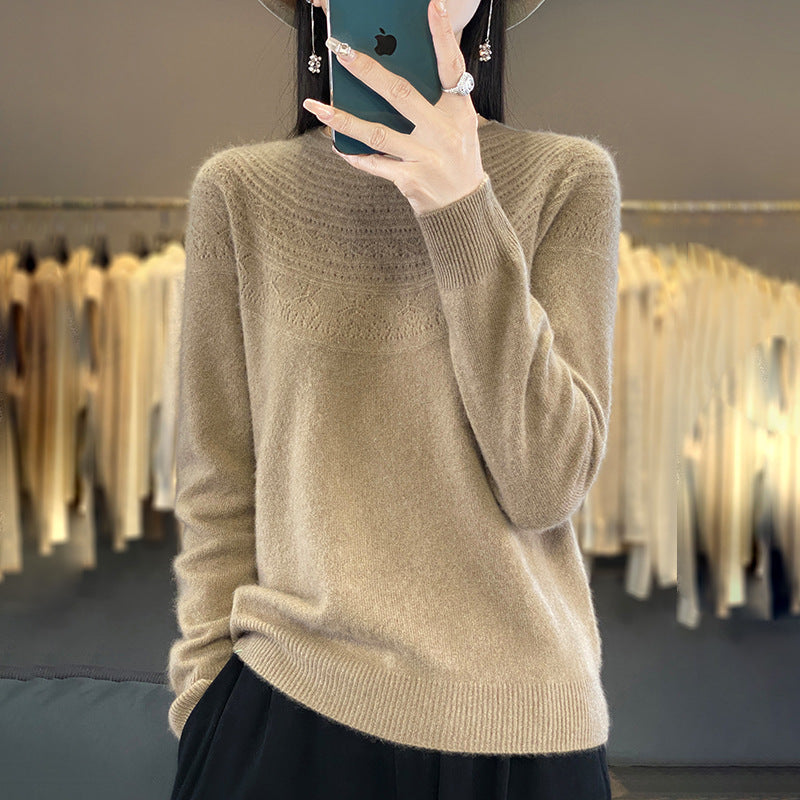 Damen Weicher Ajour‑Yoke Rundhalspullover in Kaschmir‑Optik Feinstrick Shop Nory