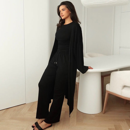 Damen Loungewear-Anzug mit offener Jacke und weitem Hosen Shopnory