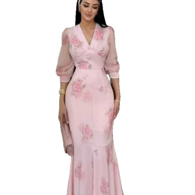 Damen Elegantes Maxikleid im Meerjungfrau‑Schnitt mit V‑Ausschnitt und transparenten Puffärmeln Shop Nory