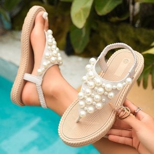 Damen Orientierende Riemchensandalen mit Perlenverzierungen