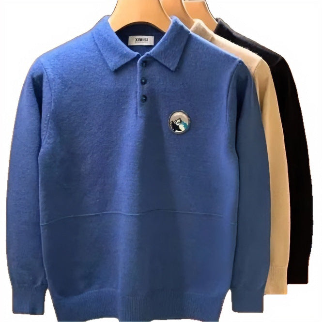 Herren Polokragen-Pullover aus weichem Flauschstrick mit Logo‑Patch Shop Nory