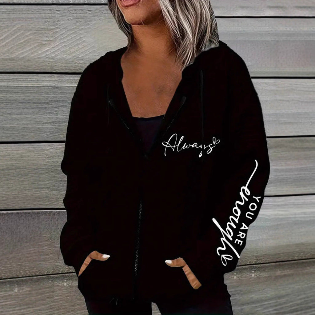 Damen nan oversized Kapuzenjacke mit Reißverschluss, handgeschriShopnoryener Typo-Applikation und Kontrast-Eingrifftaschen