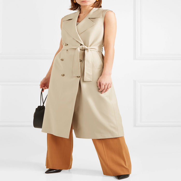 Damen ärmelloser Wickel-Trenchcoat aus Baumwollmix mit doppelreihiger Knopfleiste und Taillengürtel Shop Nory