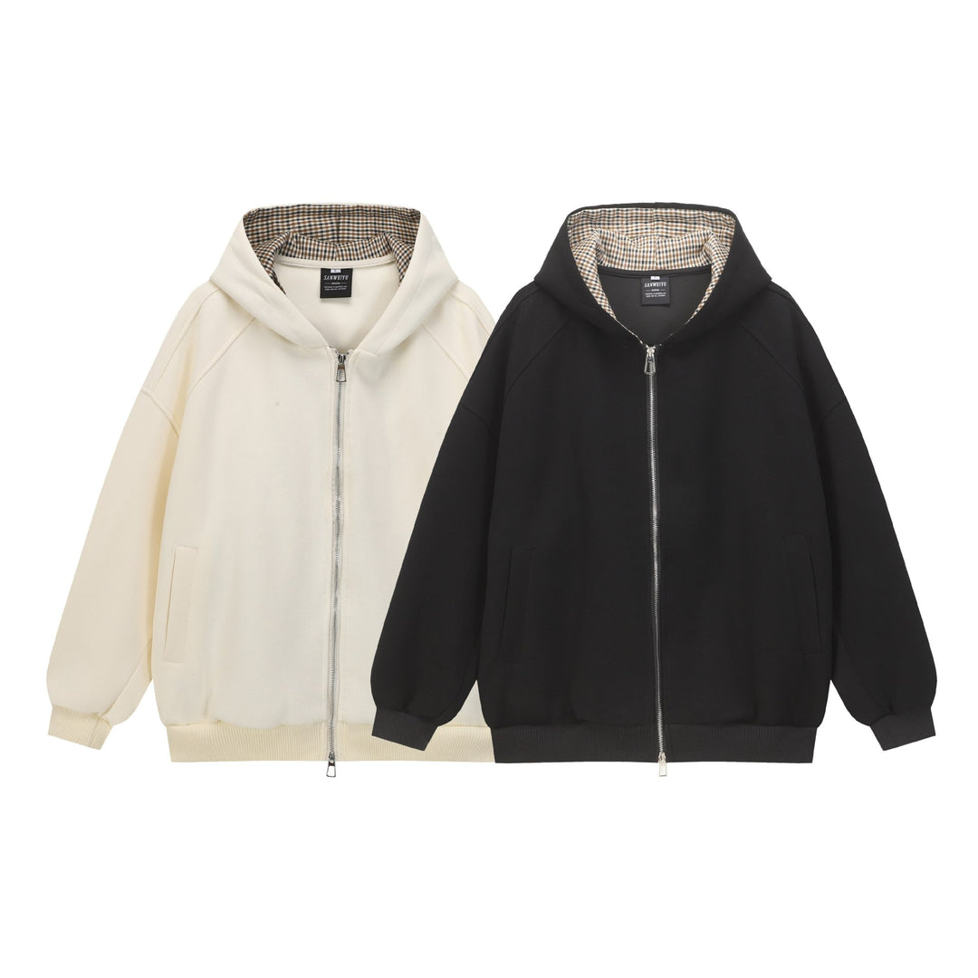 Unisex Oversize Kapuzenjacke mit Zweiwege-Reißverschluss und kariert gefütterter Kapuze Shop Nory