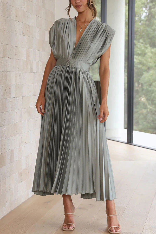 Damen Plissiertes Midikleid mit tiefem V-Ausschnitt und Taillengürtel Shop Nory