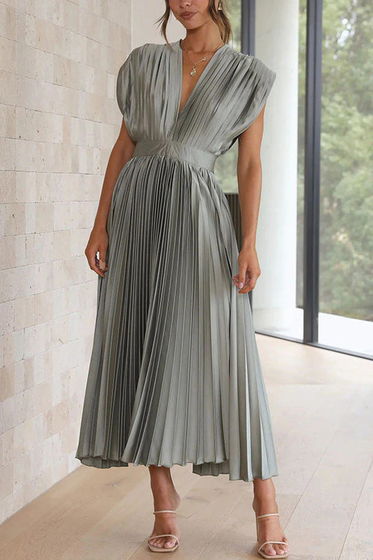 Damen Plissiertes Midikleid mit tiefem V-Ausschnitt und Taillengürtel Shop Nory