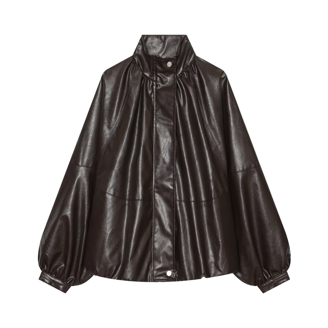 Damen Oversized Kunstleder-Cape mit Stehkragen und Ballonärmeln Shop Nory