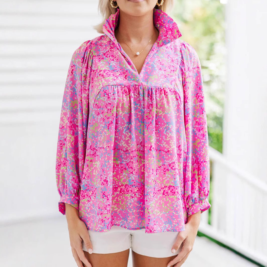 Damen Locker geschnittene Blumenbluse mit V-Ausschnitt und geraffter Passe Shop Nory
