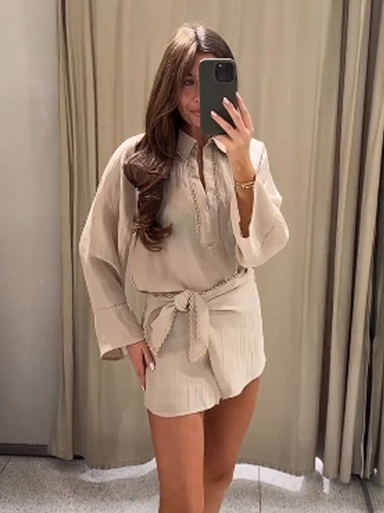 Damen Leichtes Crinkle-Zweiteiler mit Oversized-Hemd und Wickel-Minirock Shop Nory
