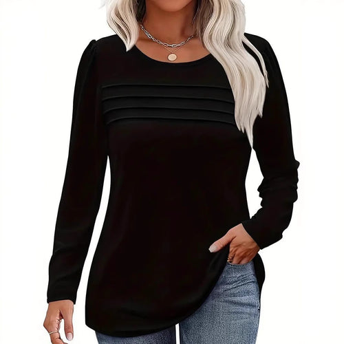 Damen Feines Langarmshirt mit Rundhalsausschnitt, dekorativen Kellerfalten und leicht taillierter A‑Linie Shop Nory