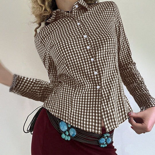 Damen nan taillierte Karobluse mit Hemdkragen, durchgehender Knopfleiste und geschwungenem Saum Shop Nory