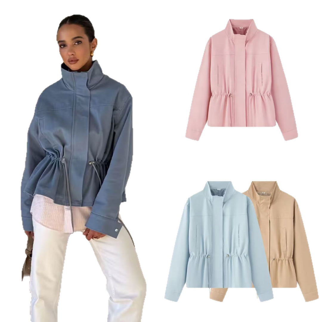 Damen Leichte Übergangsjacke mit Tunnelzug-Taillierung und Stehkragen Shop Nory