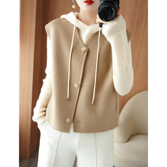 Damen Layering-Strickjäckchen mit Kapuze und ärmelloser Wollmix-Weste Shop Nory