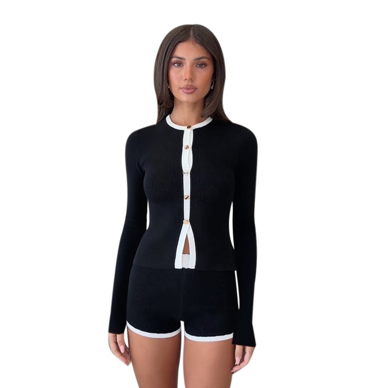 Damen Kurzes geripptes Strick-Set mit Knopfcardigan und High‑Waist-Shorts Shop Nory