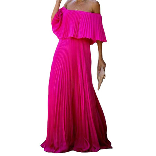 Damen Maxikleid mit asymmetrischem Plisseefall und schulterfreiem Design